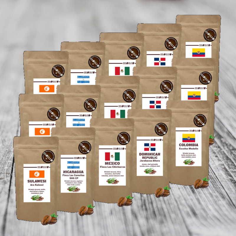 Degustační sada káv různé 100% Arabiky 100g balení Káva Monro