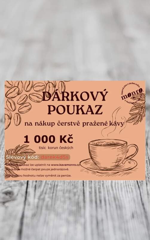Káva Monro Dárkový poukaz na nákup čerstvě pražené kávy 1000Kč elektronicky