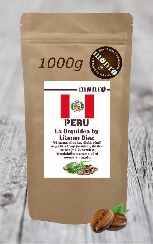 Káva Monro Peruánská káva La Orquídea by Litman Diaz Campos Organic zrnková káva 100% Arabika 1000g